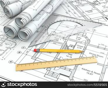 Concept of drawing. Blueprints and drafting tools. 3d