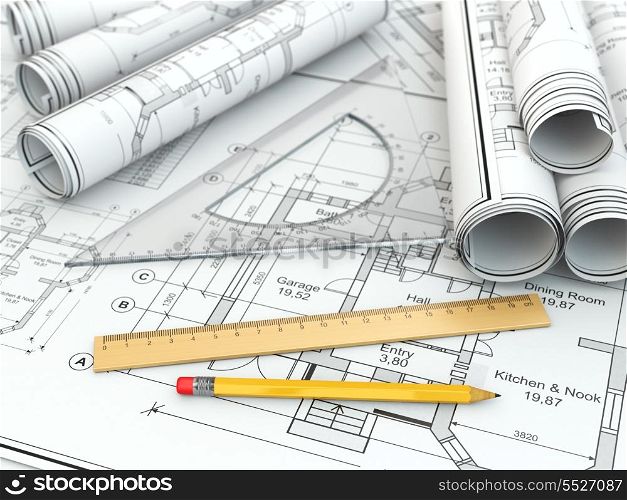 Concept of drawing. Blueprints and drafting tools. 3d