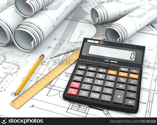 Concept of drawing. Blueprints, drafting tools and calculator. 3d