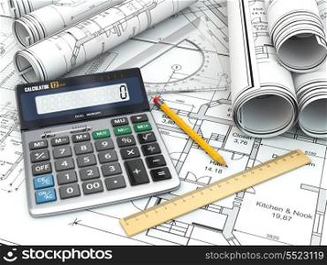 Concept of drawing. Blueprints, drafting tools and calculator. 3d