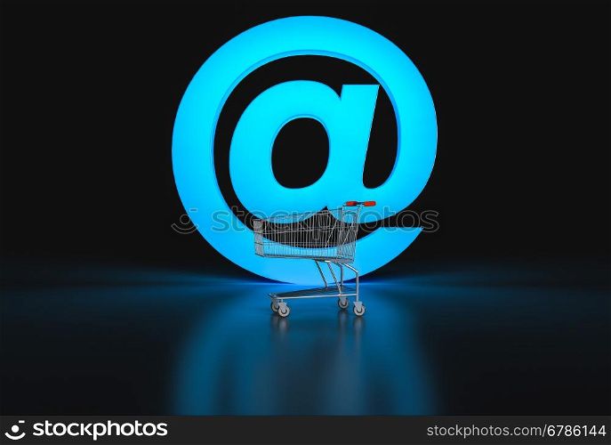 Concept of e-commerce. Big @ sign and empty shopping cart on black background. 3d render