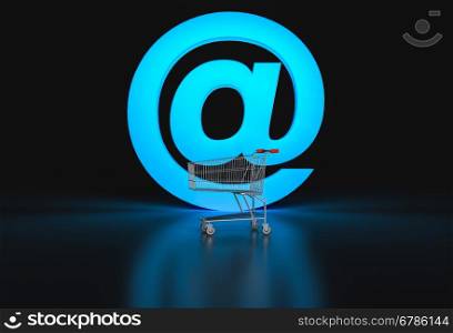 Concept of e-commerce. Big @ sign and empty shopping cart on black background. 3d render