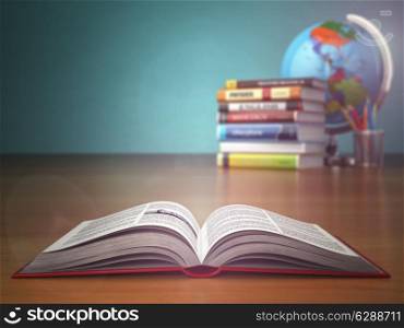 Concept of education. Open book wich pencils and globe on green vintage background