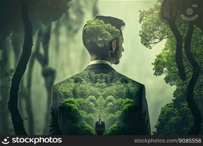 Concept of environment caring devotion shown. Businessman and forest double exposure. Generative AI