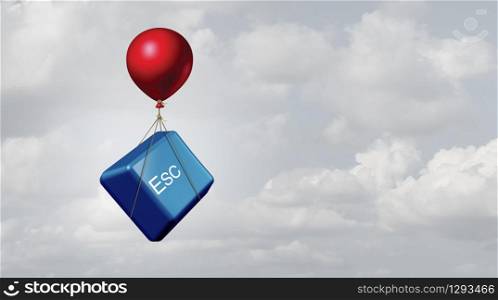 Concept of escape business freedom idea as an Esc computer key button lifted by a balloon with 3D illustration elements.