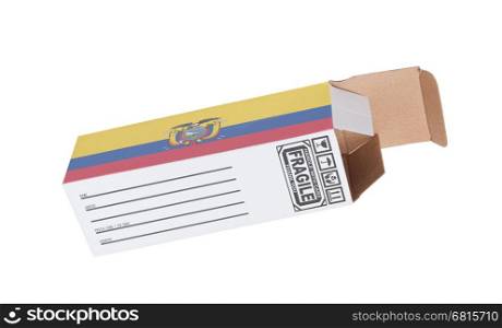 Concept of export, opened paper box - Product of Ecuador
