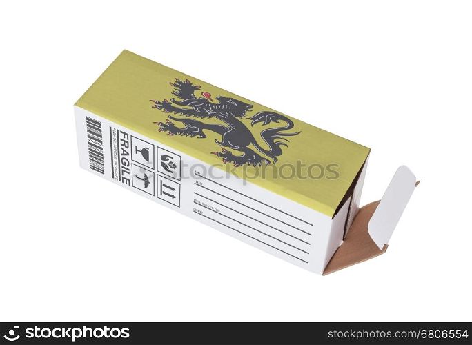 Concept of export, opened paper box - Product of Flanders