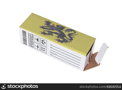 Concept of export, opened paper box - Product of Flanders