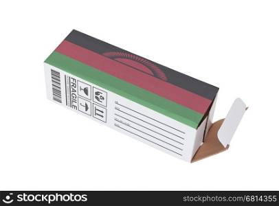 Concept of export, opened paper box - Product of Malawi