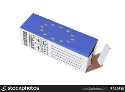 Concept of export, opened paper box - Product of the European Union