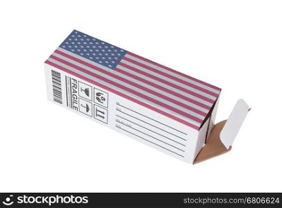Concept of export, opened paper box - Product of the USA