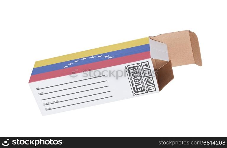 Concept of export, opened paper box - Product of Venezuela
