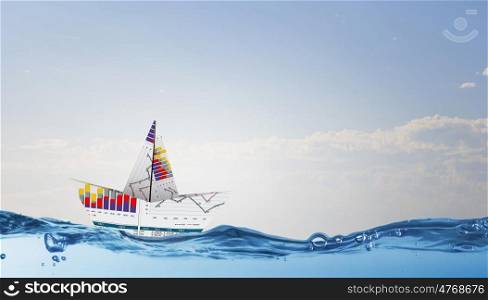 Concept of financial security. Paper boat with graphs and diagrams floating on water