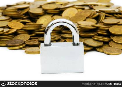 Concept of financial security with lock and coins