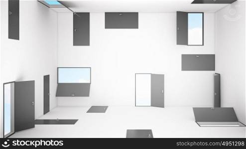 Concept of finding way out. Empty room with numerous doors in walls at different height