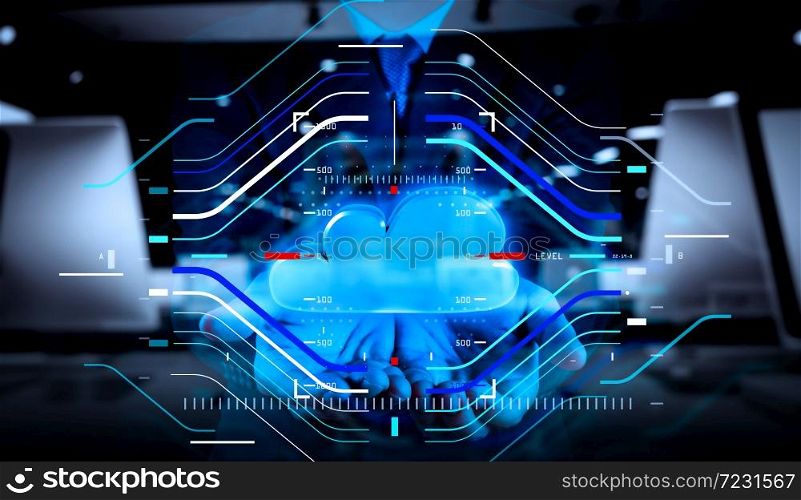 Concept of focus on target with digital diagram.double exposure of Businessman hand working with a Cloud Computing diagram on the new computer interface as concept