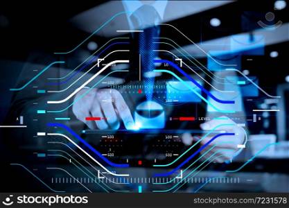 Concept of focus on target with digital diagram.double exposure of businessman hand use tablet computer with virtual email icon