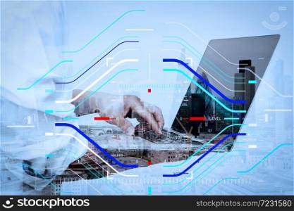 Concept of focus on target with digital diagram.Double exposure of success businessman using laptop computer with london building and social media diagram