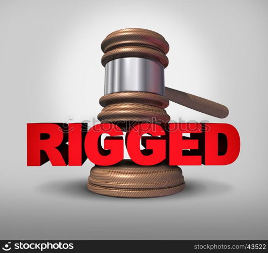 Concept of fraud and corrupt system giving an unfair advantage as text with the word rigged with a justice mallet as a metaphor for unfair illegal fraudulent behavior as a 3D illustration.