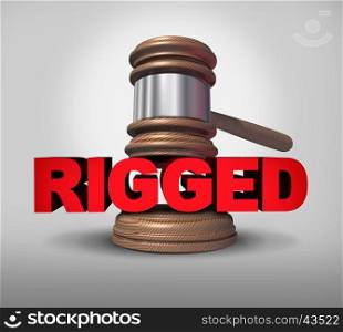 Concept of fraud and corrupt system giving an unfair advantage as text with the word rigged with a justice mallet as a metaphor for unfair illegal fraudulent behavior as a 3D illustration.