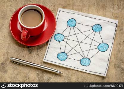 concept of fully connected computer network (mesh) - napkin doodle with a cup of espresso coffee against tetured bark paper