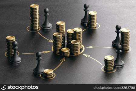 Concept of Funding, Financing Business Project. 3D illustration of generic golden coins and pawns over black background.. Funding, Financing Business Project