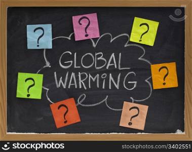 concept of global warming question - doubt or unsolved problems, white chalk handwriting and colorful sticky noted on blackboard