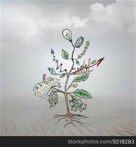 Concept of Growing company with sketch of a tree with business symbols