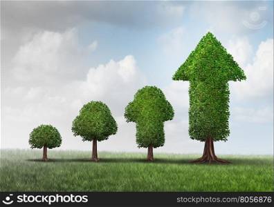 Concept of growing success as a group of trees developing from a small start to a successful finnish as a tree shaped as an arrow with 3D illustration elements as a business metaphor for investment maturity.