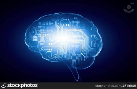 Concept of human intelligence with human brain on blue background. Human brain