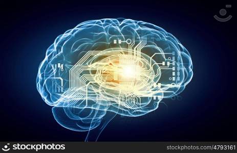 Concept of human intelligence with human brain on blue background. Human brain