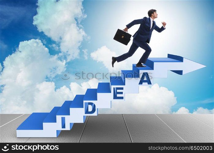 Concept of idea with businessman climbing steps stairs