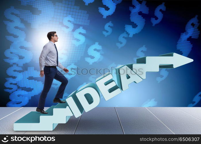 Concept of idea with businessman climbing steps stairs