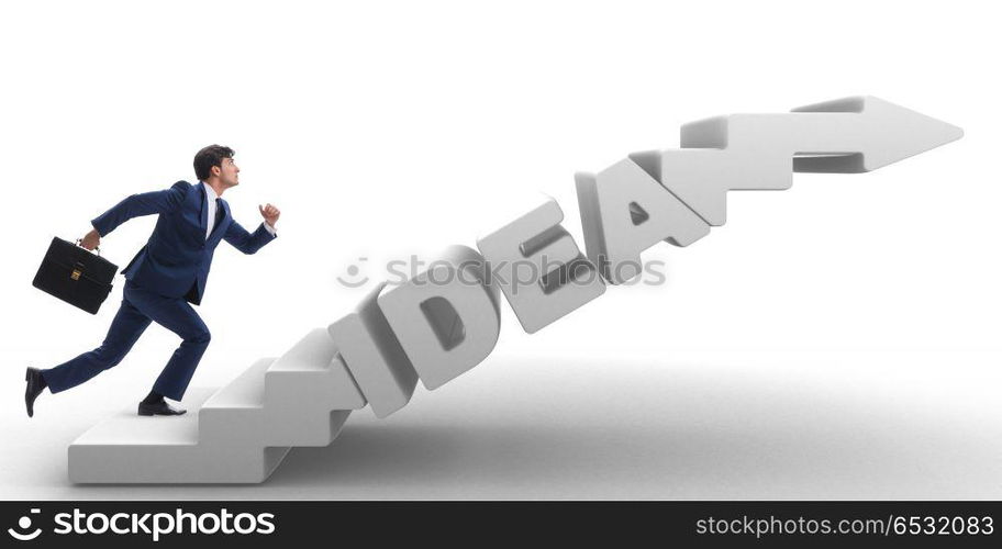 Concept of idea with businessman climbing steps stairs