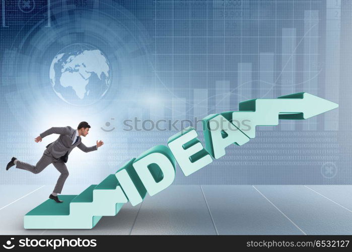 Concept of idea with businessman climbing steps stairs