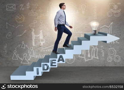 Concept of idea with businessman climbing steps stairs