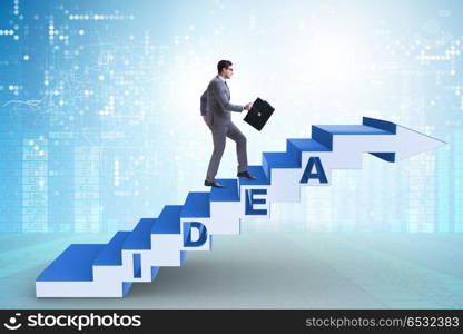 Concept of idea with businessman climbing steps stairs