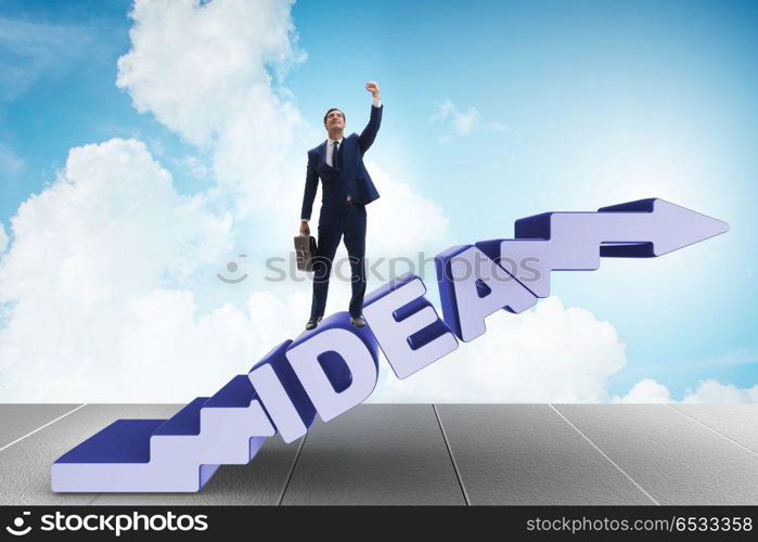 Concept of idea with businessman climbing steps stairs