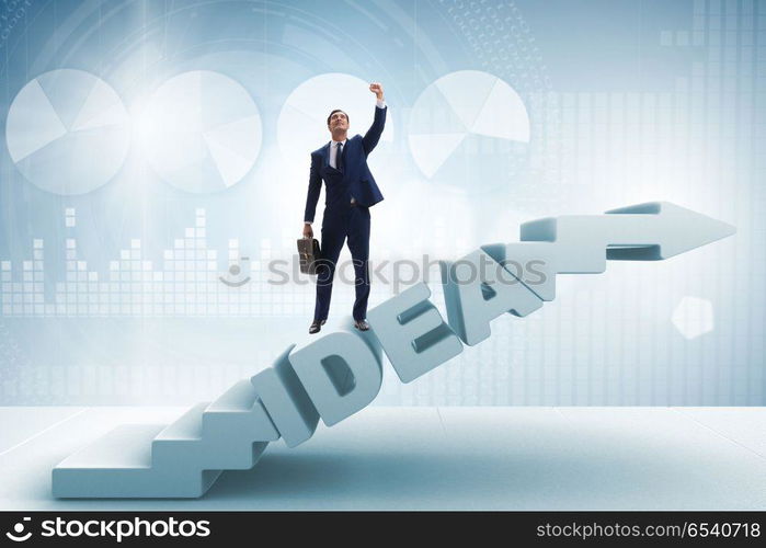 Concept of idea with businessman climbing steps stairs