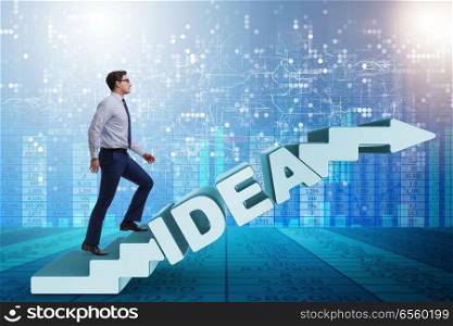Concept of idea with businessman climbing steps stairs