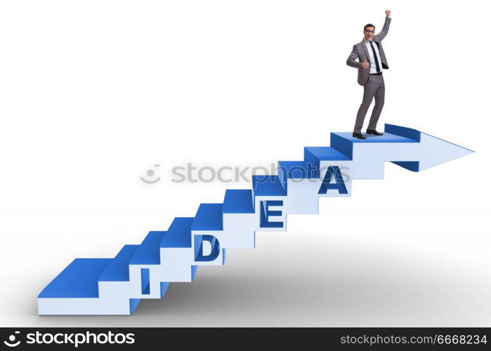 Concept of idea with businessman climbing steps stairs