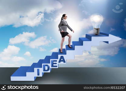 Concept of idea with businesswoman climbing steps stairs