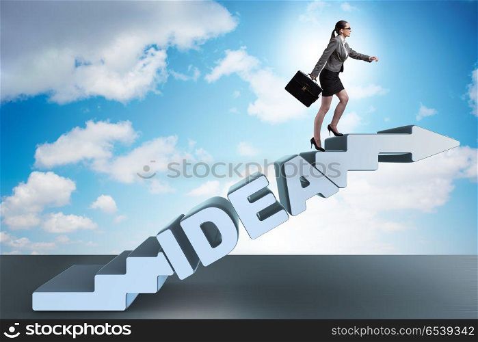 Concept of idea with businesswoman climbing steps stairs