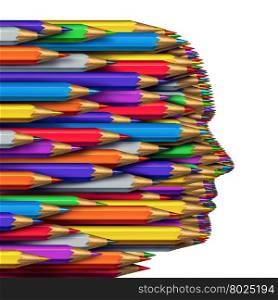 Concept of ideas as a business symbol of creative thinking as a group of colored pencils grouped together to form a human head as a creativity and imagination symbol isolated on a white background.