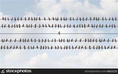 Concept of Individuality and independent thinker as birds on a wire with one individual bird alone as a business icon for new innovative thinking or independent leader with 3D illustration elements..