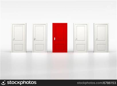 Concept of individuality and opportunity. Red door in row of white shut doors on white background