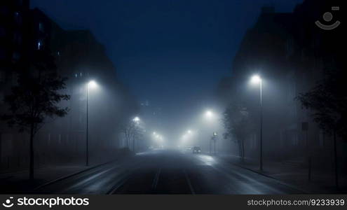 Concept of insomnia. Deserted streets of city illuminated by l&s in fog. Monochrome photo, for wallpaper. AI generated.. Concept of insomnia. Deserted streets of city illuminated by l&s in fog. AI generated.