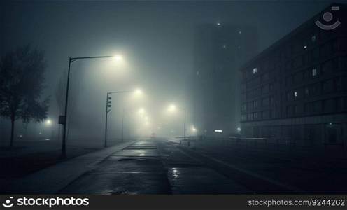 Concept of insomnia. Deserted streets of city illuminated by lamps in fog. Monochrome photo, for wallpaper. AI generated.. Concept of insomnia. Deserted streets of city illuminated by lamps in fog. AI generated.