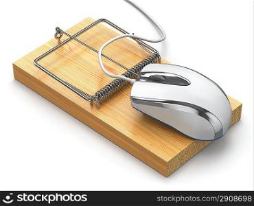 Concept of internet security. Computer mouse and mousetrap. 3d