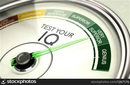 Concept of IQ testing, conceptual gauge with needle pointing very superior intelligence quotient. 3d illustration. IQ test Result, Very Superior Intelligence Quotient.